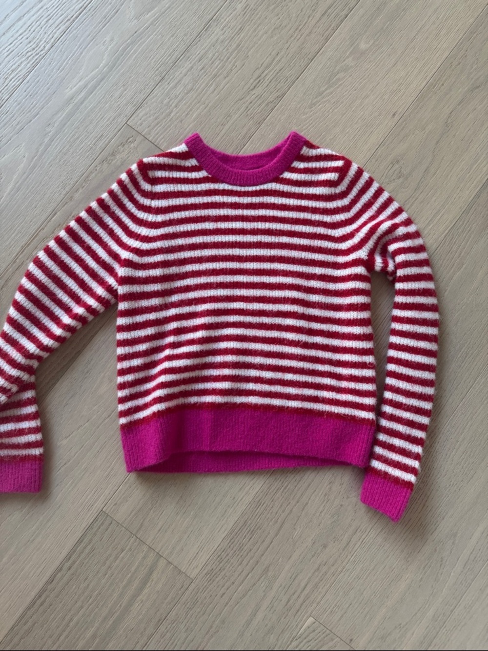 GAP Pink and White Striped Crewneck Sweater